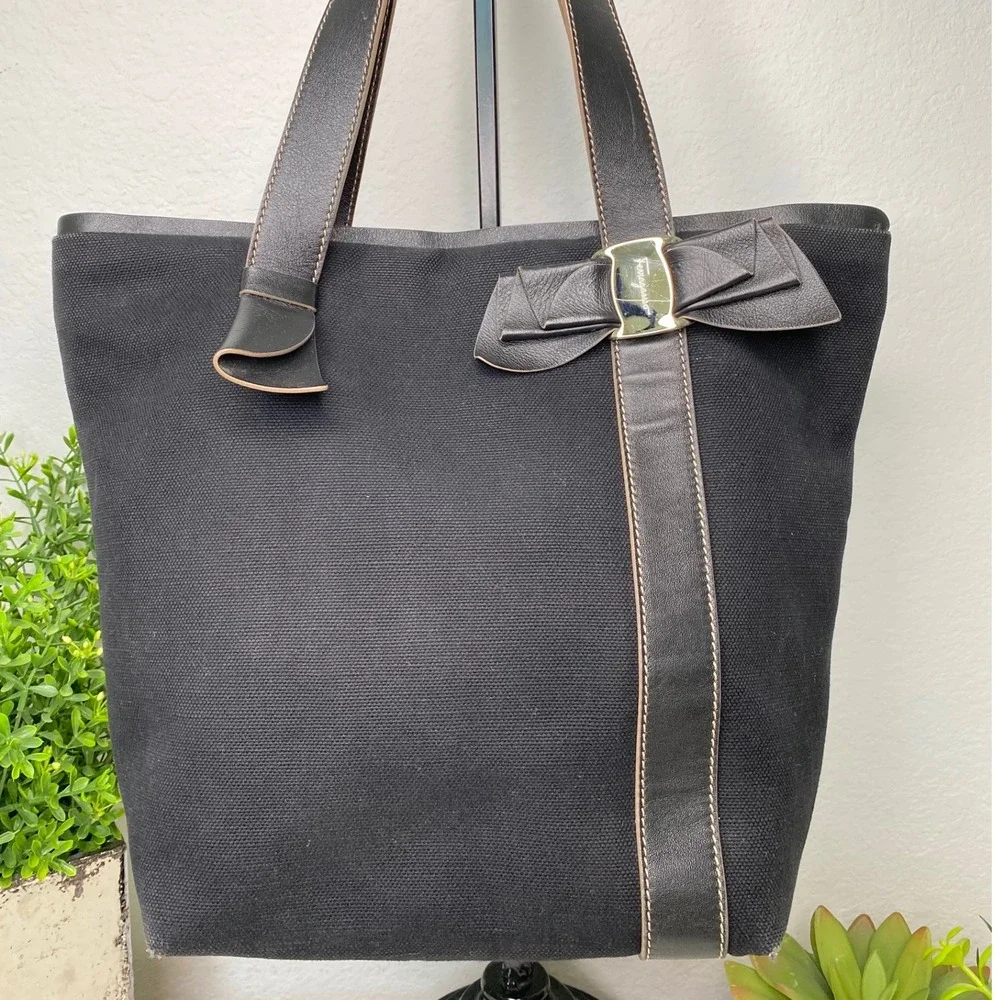 Salvatore Ferragamo Vara Ribbon Black‎ Canvas Leather Trimmed Tote Handbag Purse